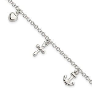 925 Sterling Silver Nautical Cross, Anchor, Heart Bracelet, 7.5" Length